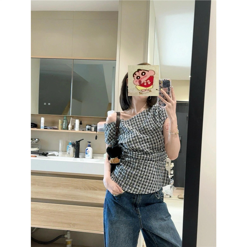 正しいバージョン！新しいレトロなカットアウトチェック柄オフショルダー半袖Tシャツ、女性用夏の気質ウェアデザイントップトレンディ|undefined