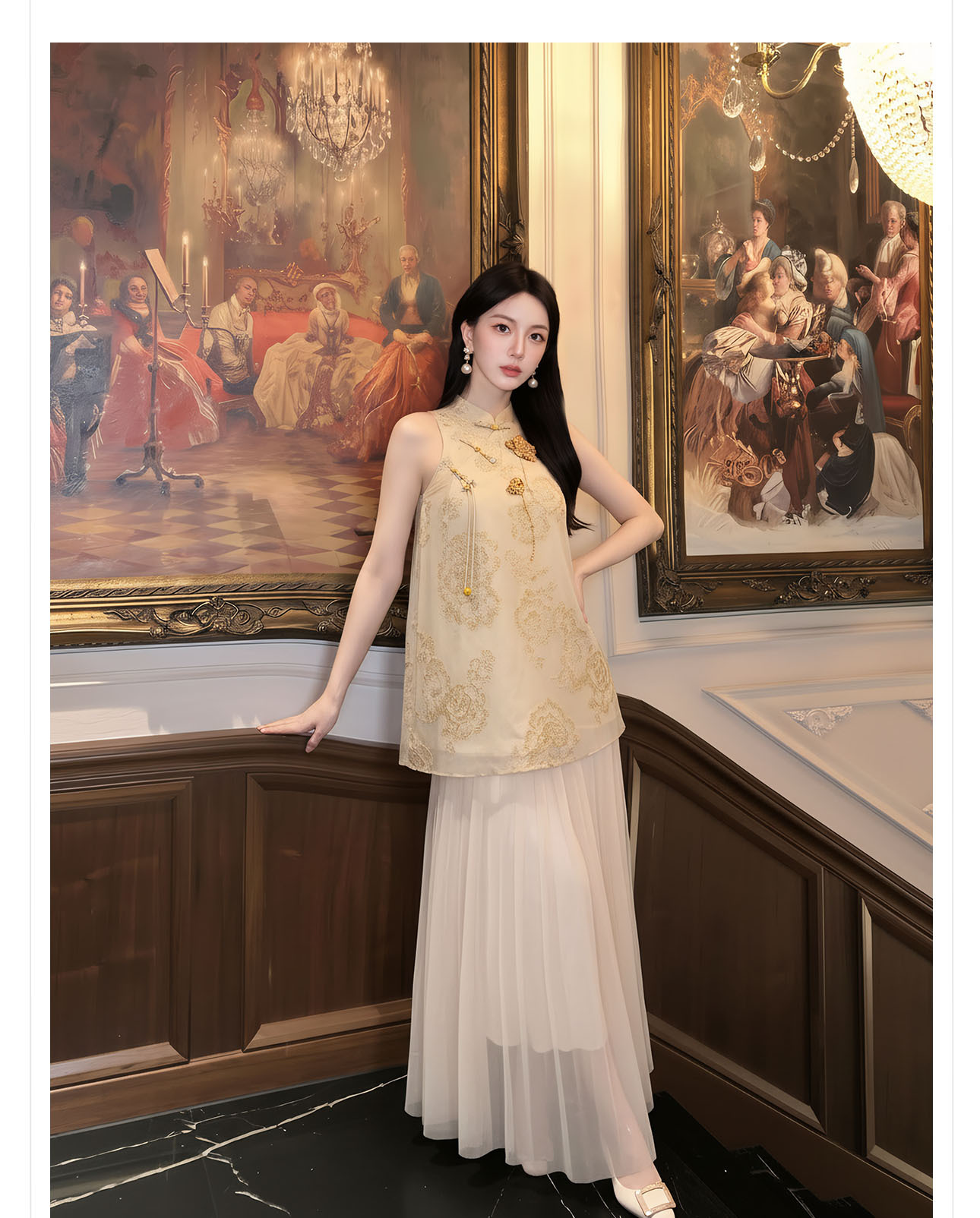Đầm maxi nữ thắt eo thiết kế cổ điển họa tiết hoa nổi — Gừng chi tiết 4
