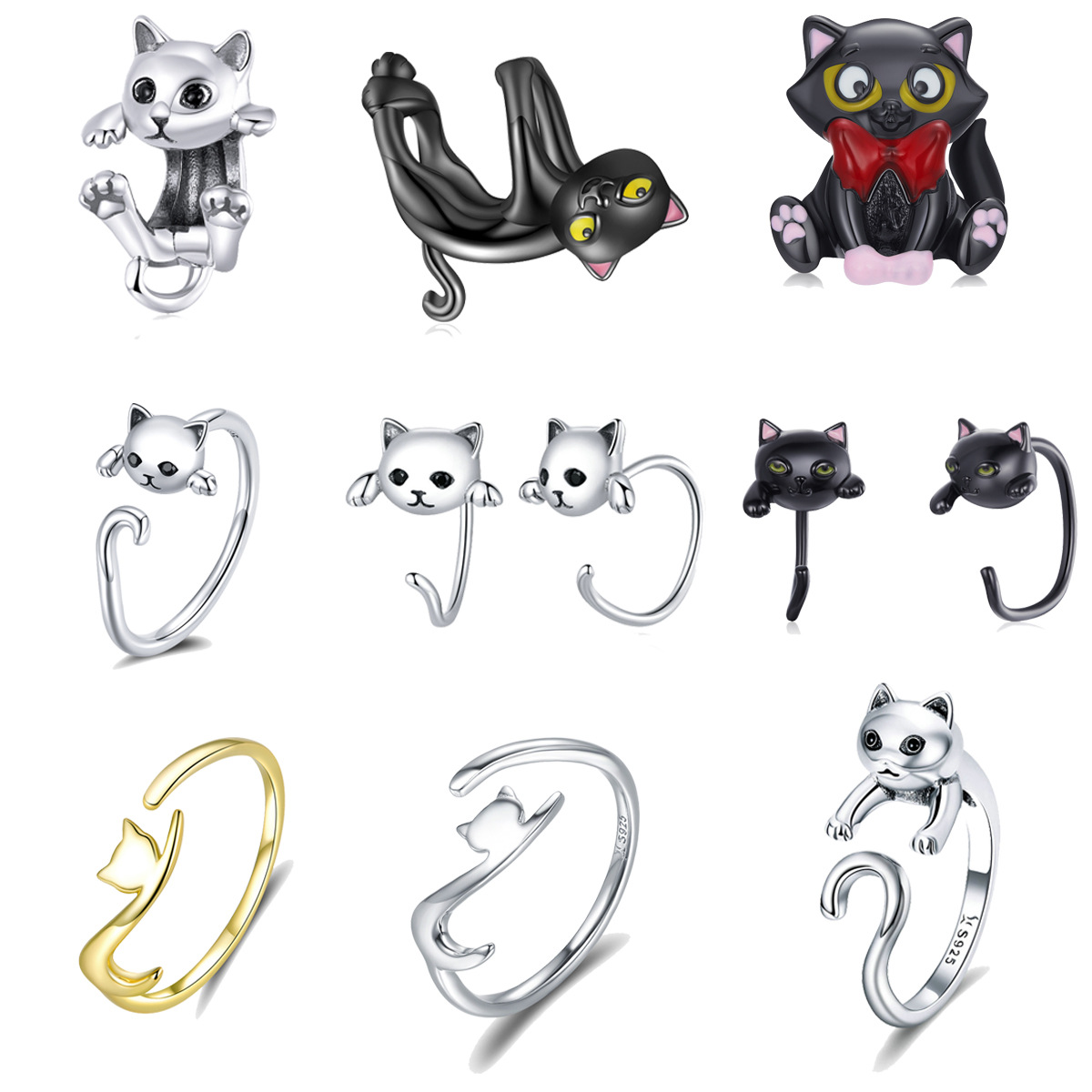 Silver Ziyun Hot Selling Cat Earrings Ring Jewelry 925 Sterling Silver Black Cat Diy Beads Accessories Collection Map