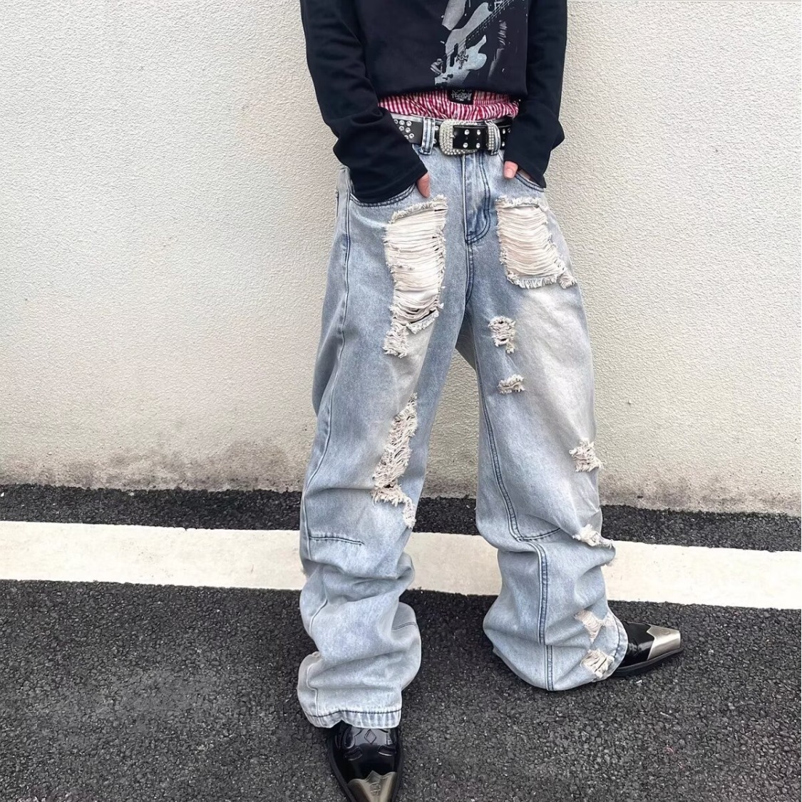 Men's American High Street Style Washed Ripped Jeans Loose Straight Leg Casual Edgy Slightly Flared Blue Mid Waist Zipper Fly_mkmklike.com