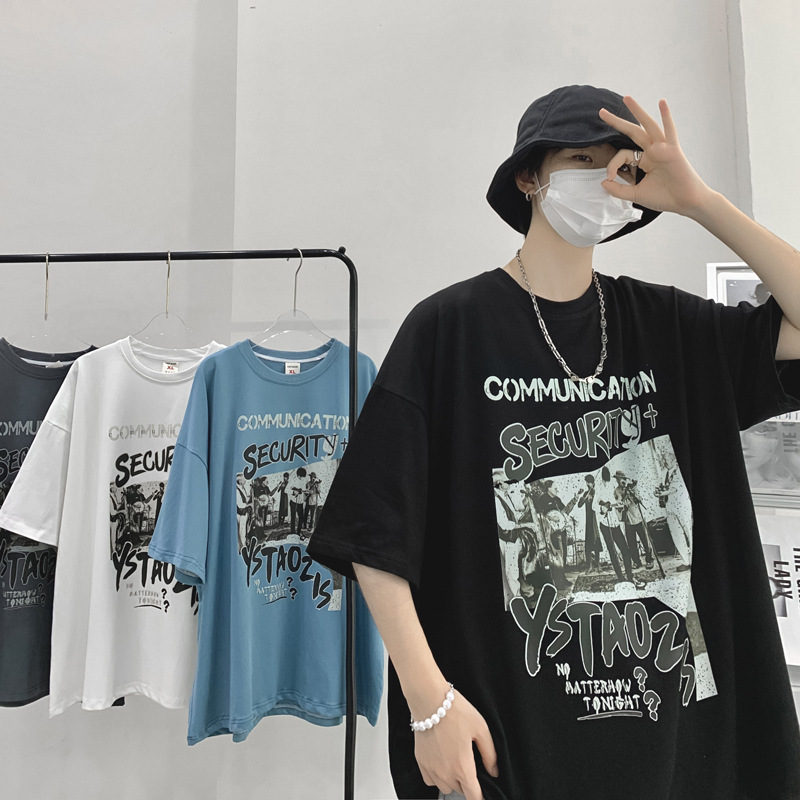Camiseta de manga corta de los hombres más el tamaño suelto todo partido cuello redondo Camiseta verano ins casual estilo de Hong Kong guapo media manga superior