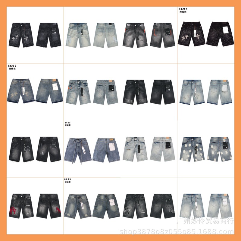 Pu Denim Shorts Am Trendy Street Style American Denim Shorts American Popular Hot Chicken Print Rhinestone Washed Men's Pants