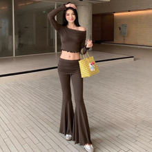 欧美风女装2025秋季新款一字领褶皱木耳边长袖上衣低腰喇叭裤套装