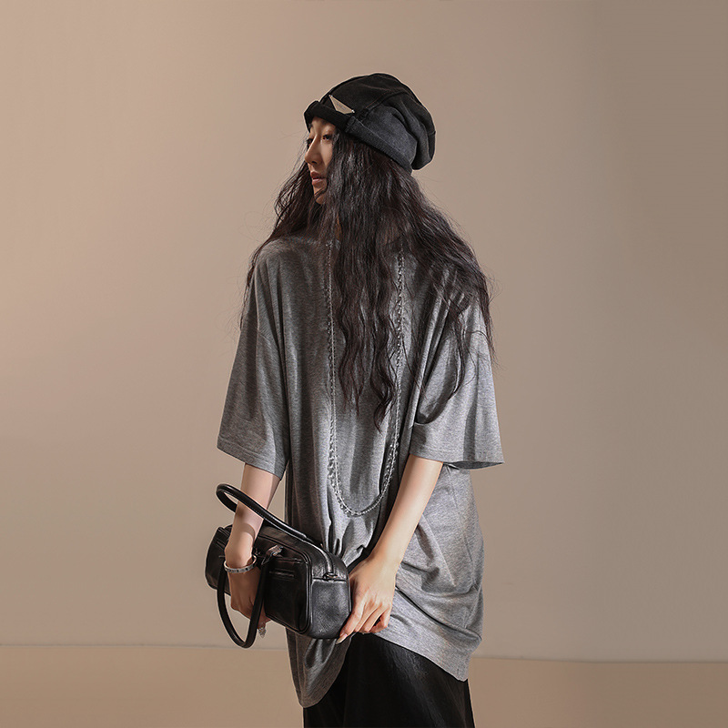 Spring and Summer Large Version Mid-Length Short-Sleeved T-Shirt for Women Loose Large Size Casual Five-Quarter Sleeve Tencel Blended Breathable Md5135