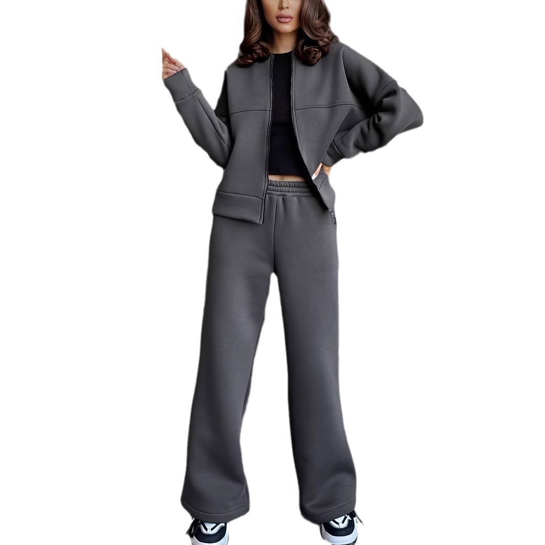 Zweiteiliges Damen-Sportswear-Set im europäischen und amerikanischen Stil, einfarbig, bestehend aus Jacke und Hose mit geradem Bein, für den Sommer_voghion.com