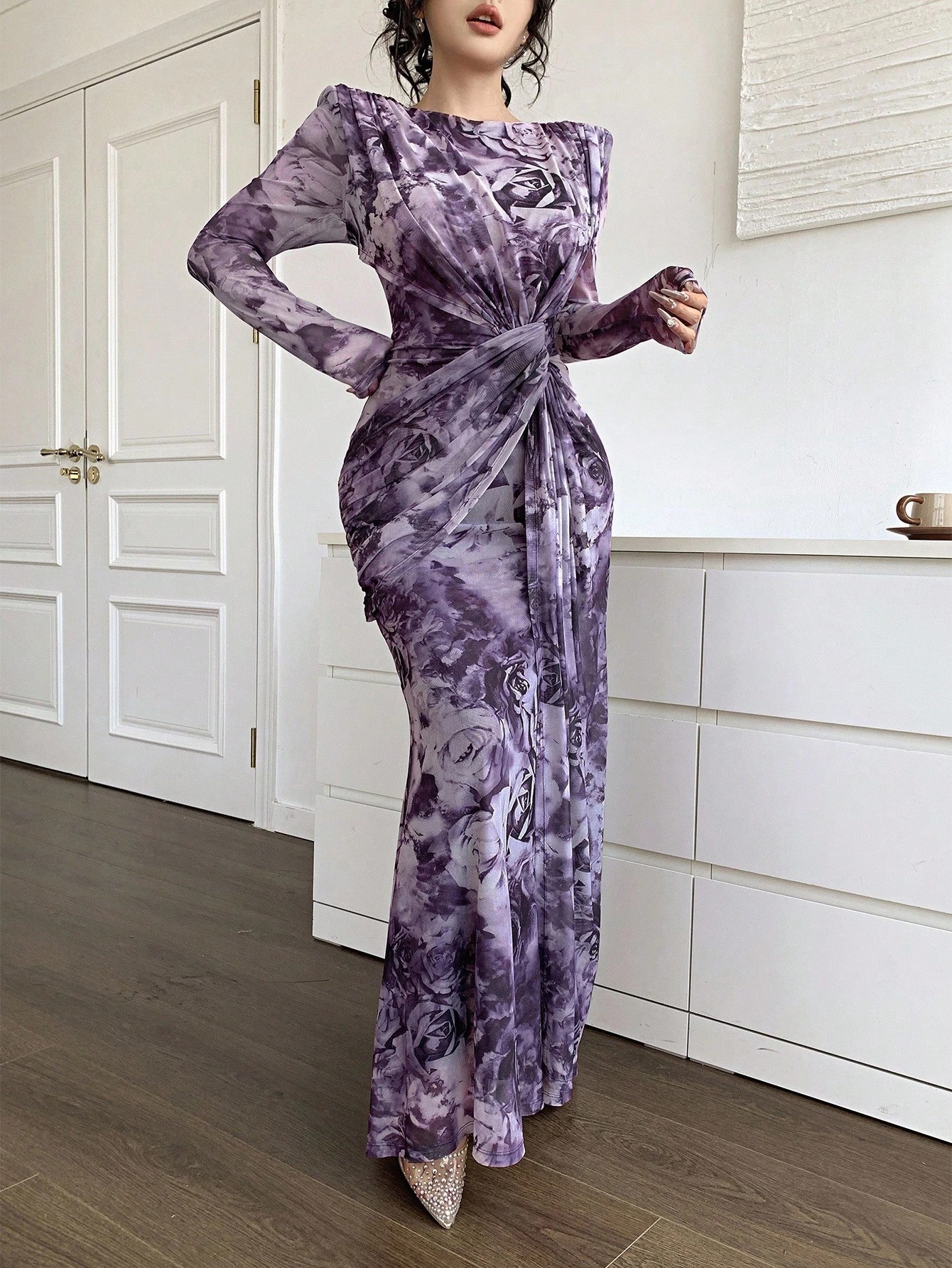Summer Women's U Neck Long Sleeve Patchwork Slim Fit Printed Maxi Dress_ecoleips.com