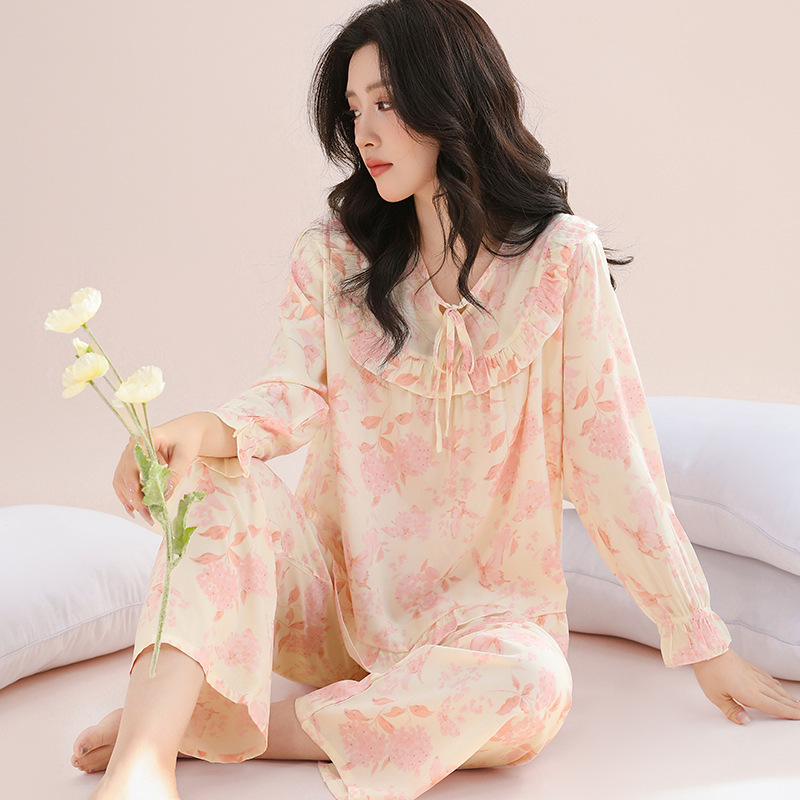 Women's Cotton Silk Pajamas, Breathable, Healthy, Loose, Double and Long Suits, Lace-Up Lace Home Clothes, Soft and Comfortable