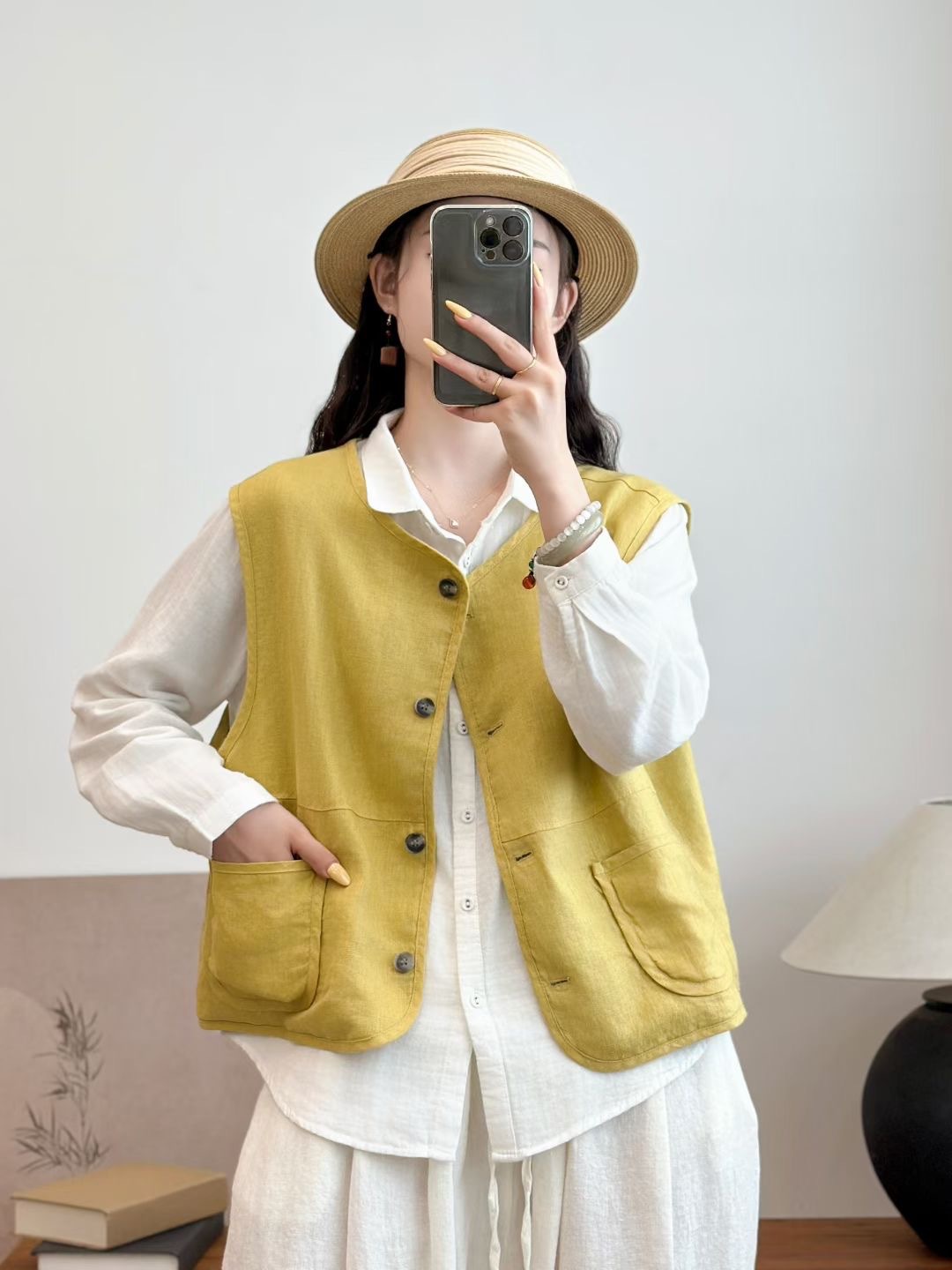 2025 otoño nuevo estilo de mujer dos lados chaleco de lino estilo nacional retro camiseta de cuello en V de moda retro chaqueta mujer image 2
