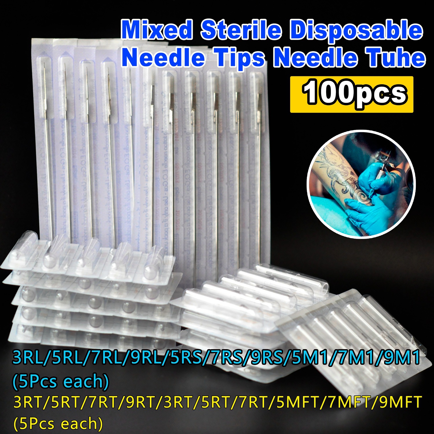 Tattoo needles and needle tips combination, 50 needles each; mixed tattoo needles and needle tips; long tattoo needles.