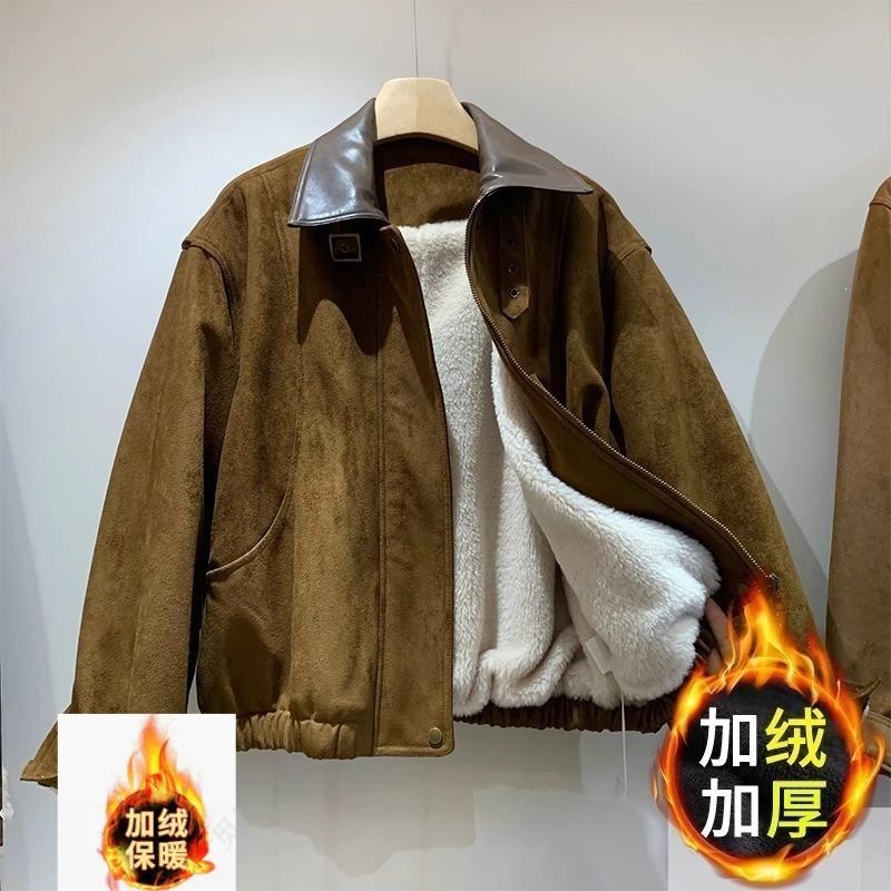 加绒加厚保暖仿鹿皮绒外套2026冬季新款皮翻领大口袋休闲夹克上衣