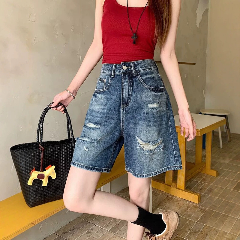2026 Summer Plus-Size American Street Style Retro Washed Denim Shorts with Ripped Design, Loose Wide-Leg Shorts