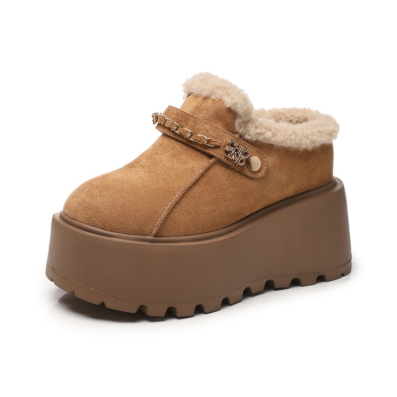 Dép lông giữ ấm mũi kín đế dày tăng chiều cao trong, phong cách Birkenstock thu đông — màu đen