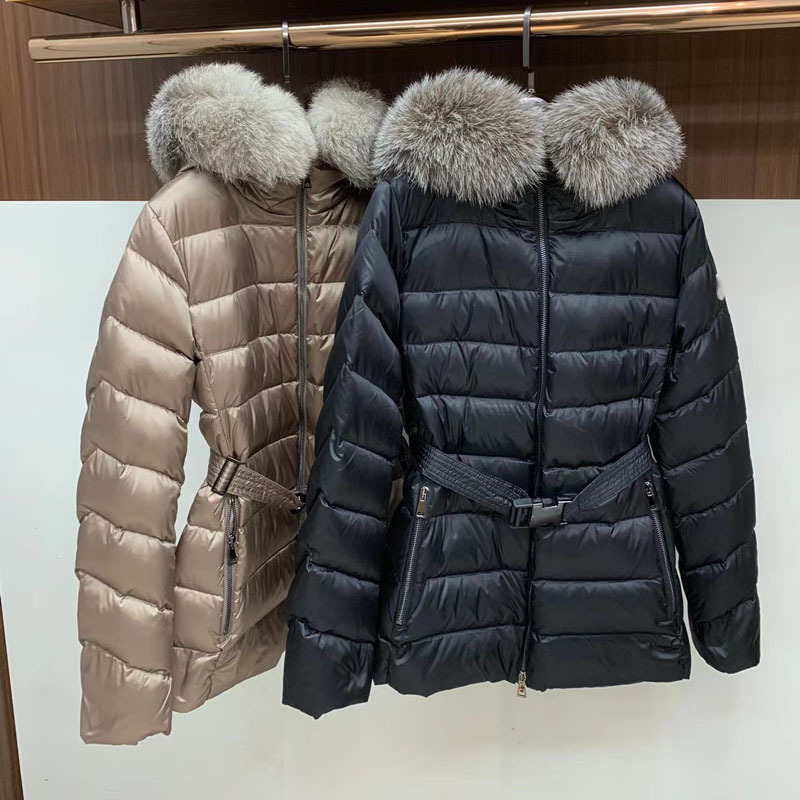 European Style Waist-Cinching Classic Mid-Length down Jacket for Women with Hood and Large Fur Collar, Foreign Trade Little Red Book m Brand