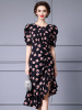 Bubble sleeve pleated waistband irregular floral wrap hip skirt 2024 summer
