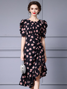 Bubble sleeve pleated waistband irregular floral wrap hip skirt 2024 summer