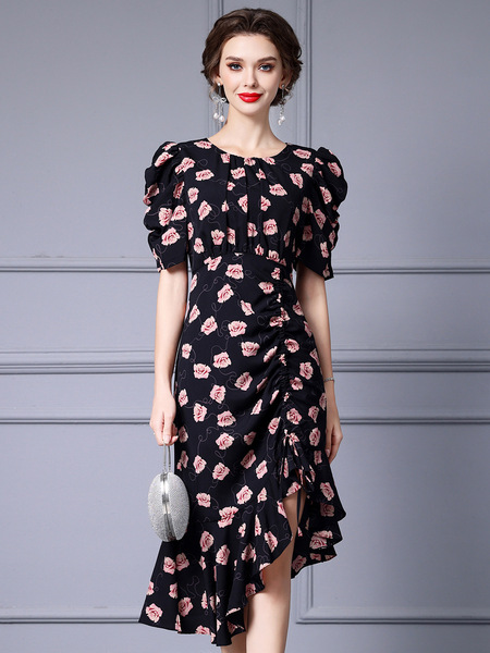 Bubble sleeve pleated waistband irregular floral wrap hip skirt 2024 summer