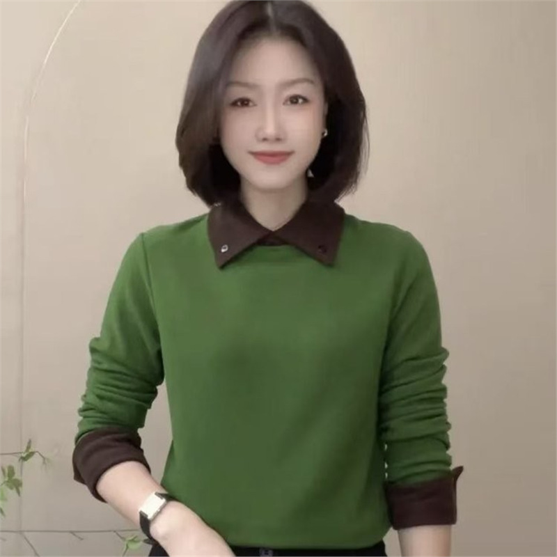一件代发直播爆款2025秋冬新款时尚洋气简约拼色翻领双面绒打底衫