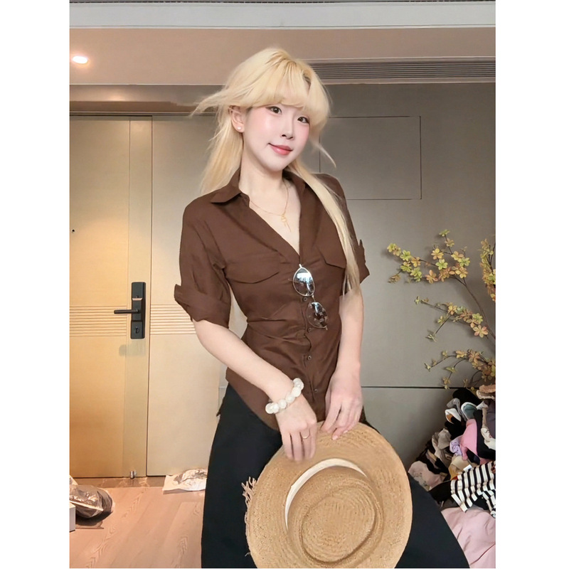 Fashion Trendy Stylish Regular Shoulder Polo Collar Shirt for Women Early Autumn Slim Waist Slimming Commuter Age-Reducing Top Ins