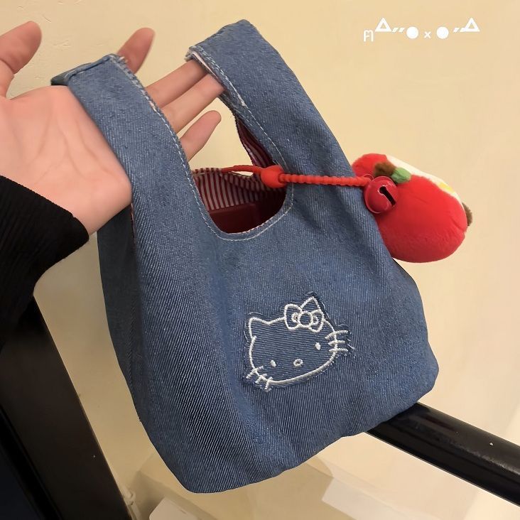 かわいい新しいデニムキティ通勤刺繍バッグポータブルストレージ外出コントラストカラーポータブル小さなバッグ|undefined