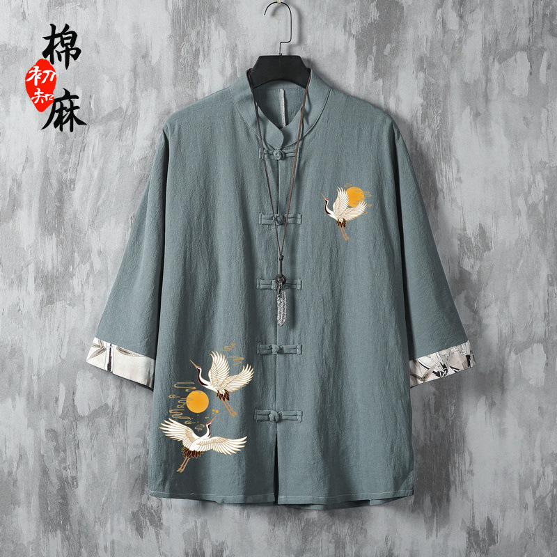 Cotton and Linen Linen Short-Sleeved Shirt Summer Chinese New Chinese Style Tang Suit Shirt Half-Sleeved Printed Chinese Men's Clothing