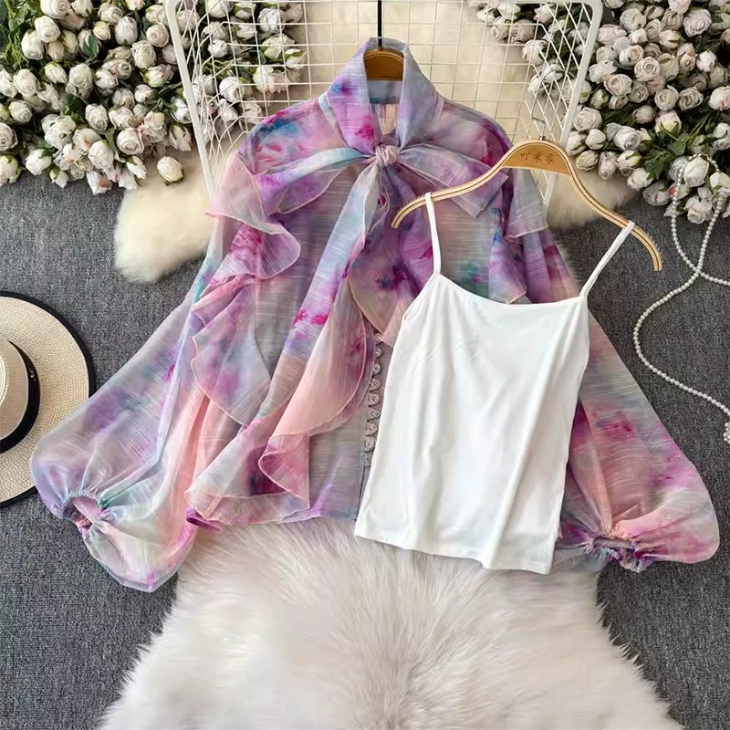 Дизайнерская шифоновая рубашка женская летняя новая фонарь рукава