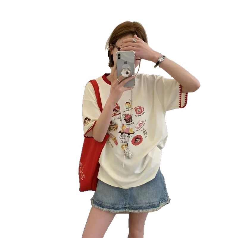 ドーパミン甘くてかわいい刺繍パッチワーク半袖 Tシャツ女性のための夏 2025 新入生多用途カジュアルトップスイン|undefined