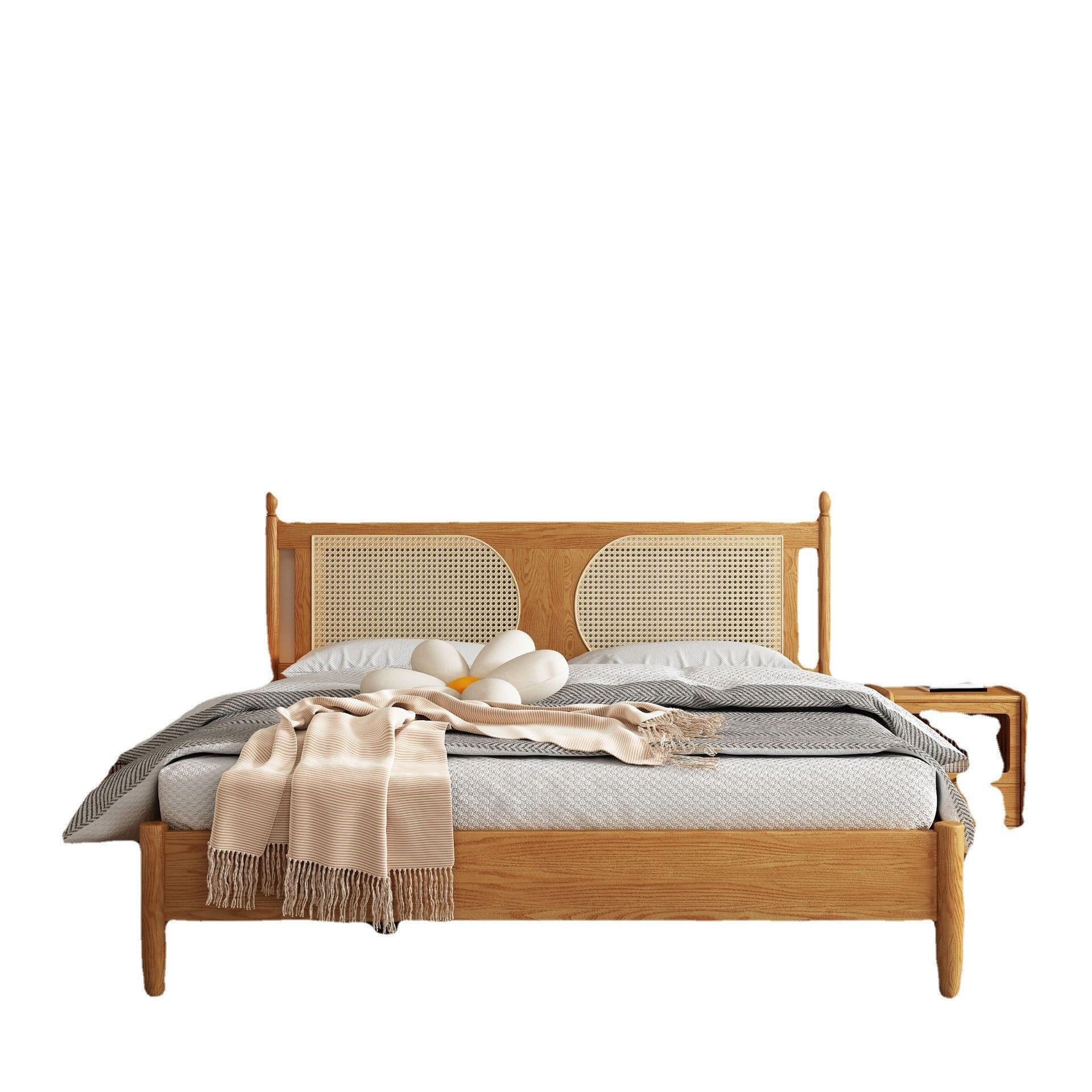 Nórdico blanco cera madera ratán cama 1,8 B & B retro japonés moderno minimalista registro estilo ratán cama doble