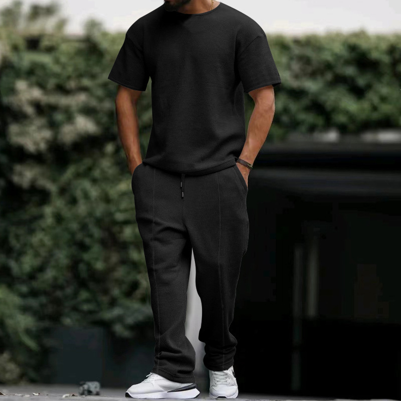 Los pantalones de manga corta de los hombres europeos y americanos se adaptan a la galleta pesada oversize Plus size Amazon cuello redondo traje casual