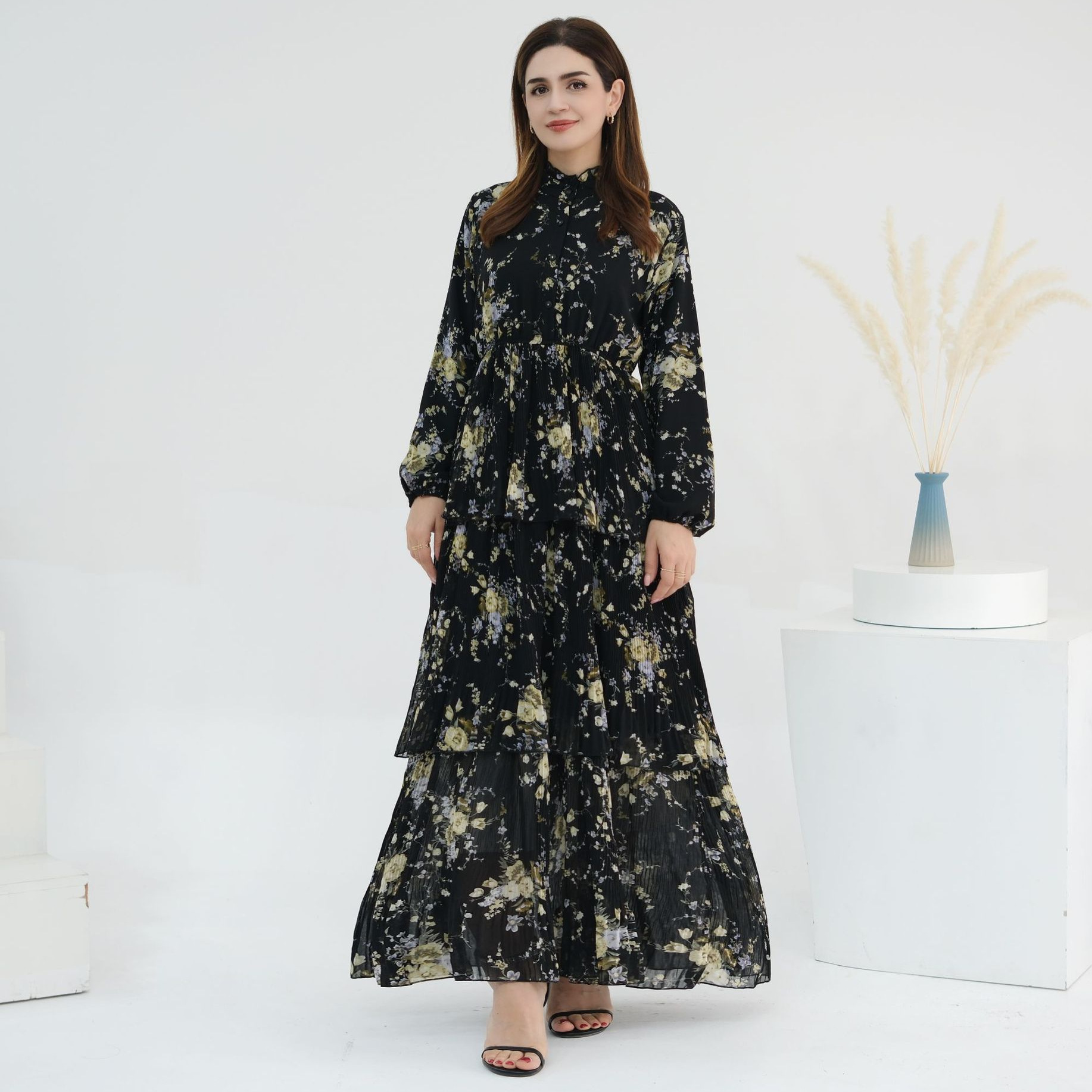 2025Loriya AliExpress Vestido estampado puro europeo y americano Falda larga con estampado de cintura hasta el tobillo LR747