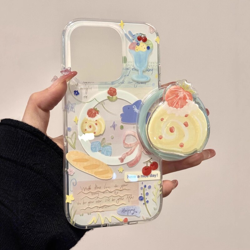 Ins Style Gourmet Strawberry Swiss Roll Cake Suitable for Iphone16Promax/17 Mobile Phone Case 14 Magnetic Suction 13
