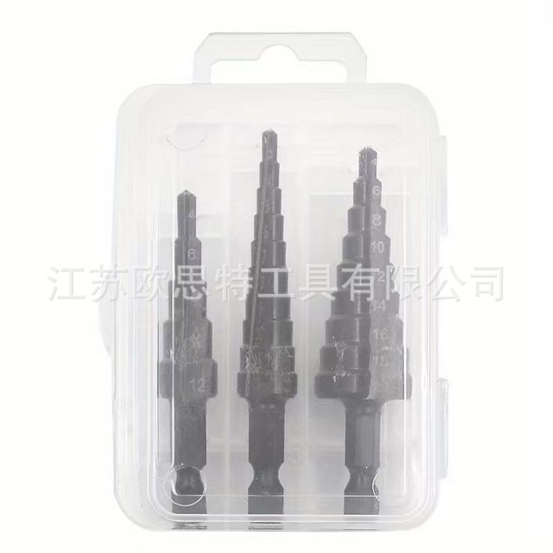 Taladro de pagoda Mango hexagonal de 3 piezas ranura recta métrica perforadora de titanio perforadora escalonada taladro escalonado de tres piezas