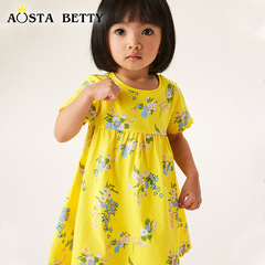 24夏季新品女童連衣裙歐美風女童公主裙休閒圓領時尚印花童裙代發