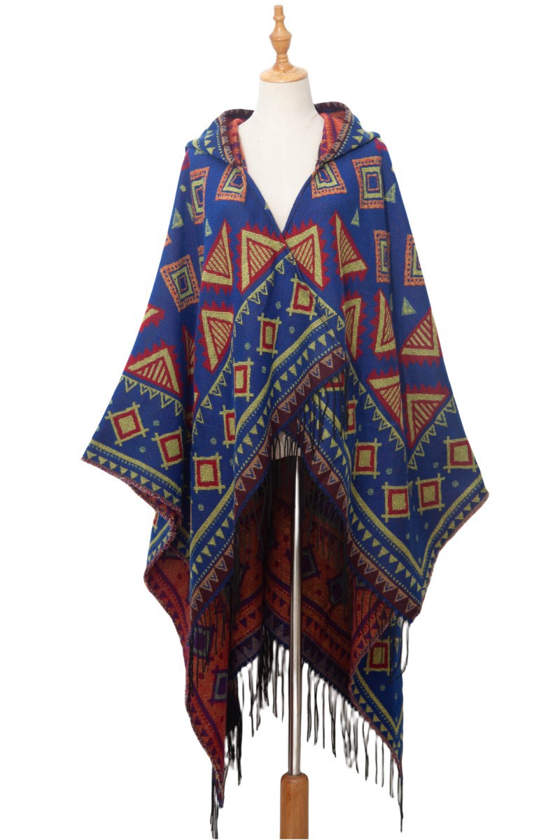 Unisex Hooded cape Winter travel jacquard fringed shawl for women_viptrois.com