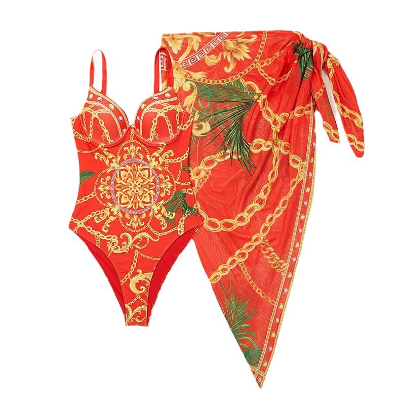 Traje de Baño de una Pieza Estilo 2025 con Aro y Estampado Posicionado, Traje de Baño de Cintura Alta, Conjunto de Bikini de Dos Piezas