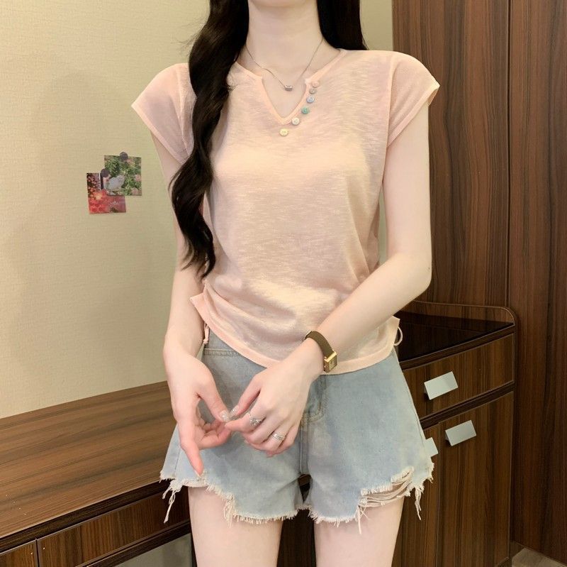 韩版温柔v领彩色纽扣夏季薄款短袖褶皱收腰抽绳T恤显瘦短款上衣|undefined