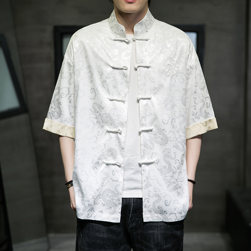 Chinese Style Men's Summer New Chinese Hanfu Ice Silk Tang Suit Men's Buckle Short-sleeved Shirt Improved Antique Top Chinese Style Men's Summer New Chinese Hanfu Ice Silk Tang Suit Men's Buckle Short-sleeved Shirt Improved Antique Top