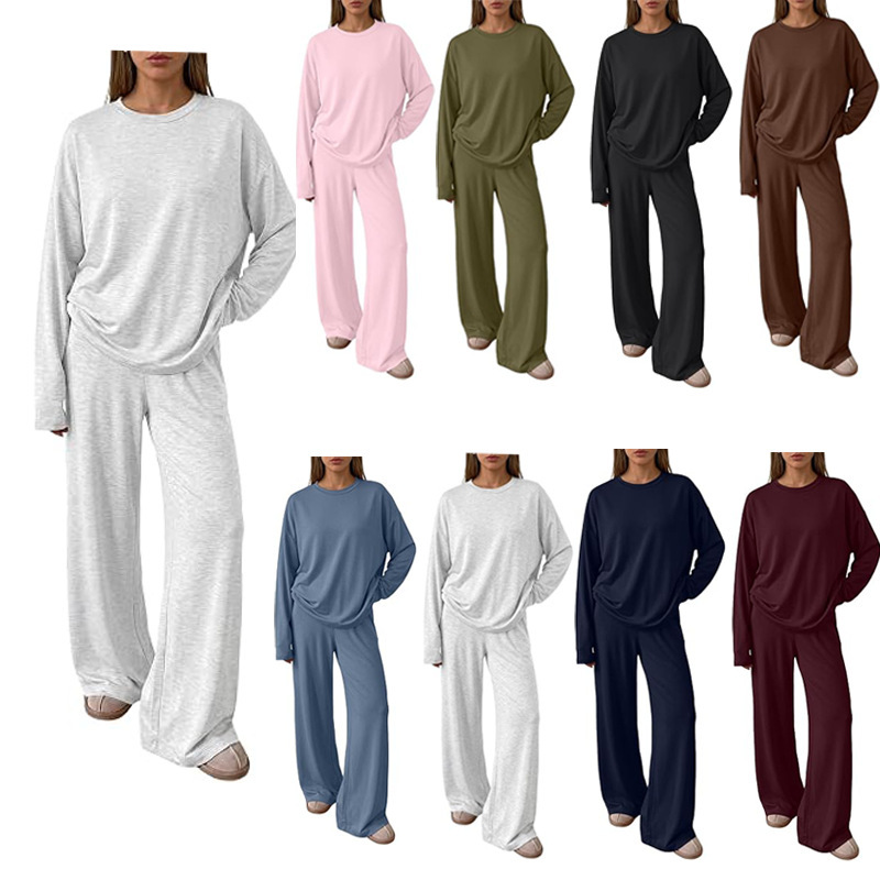 2026 Amazon European and American Autumn and Winter Women's 2-Piece Set Autumn Long-Sleeved Top Wide-Leg Pants Casual Sports Suit for Women 2026 Amazon European and American Autumn and Winter Women's 2-Piece Set Autumn Long-Sleeved Top Wide-Leg Pants Casual Sports Suit for Women