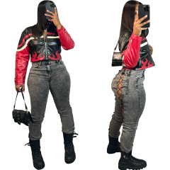 NY8180アマゾン欧米の女性の刺繍の炎は機関車のジャケットの皮の服 (裏地を含みます) をつなぎ合わせます。