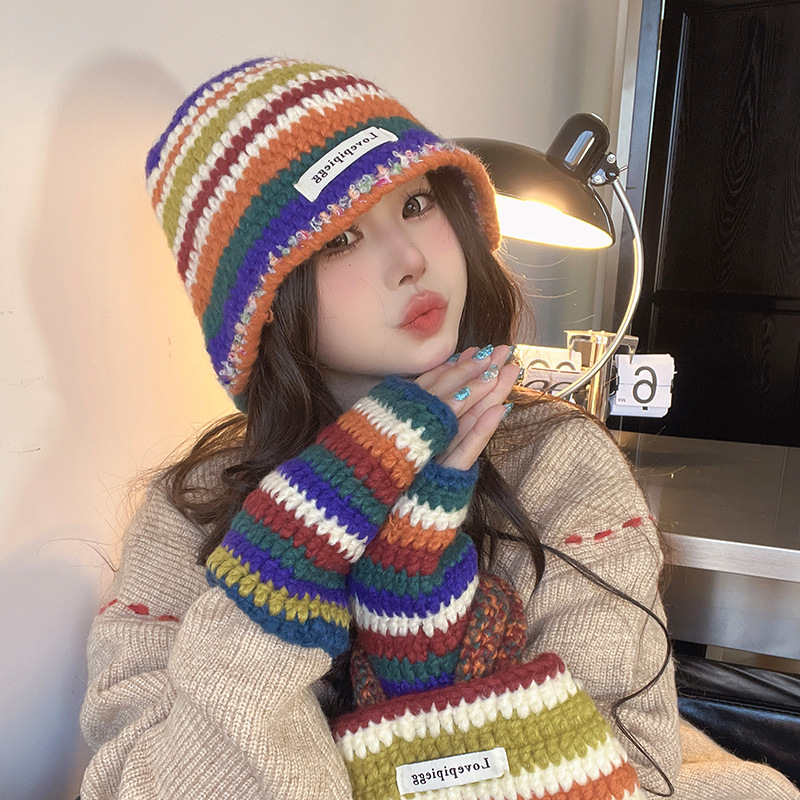 Autumn Winter New Warm Knitted Retro Rainbow Wool Korean Ins Trend Bag Gloves Hat Three-piece Set_voghion.com