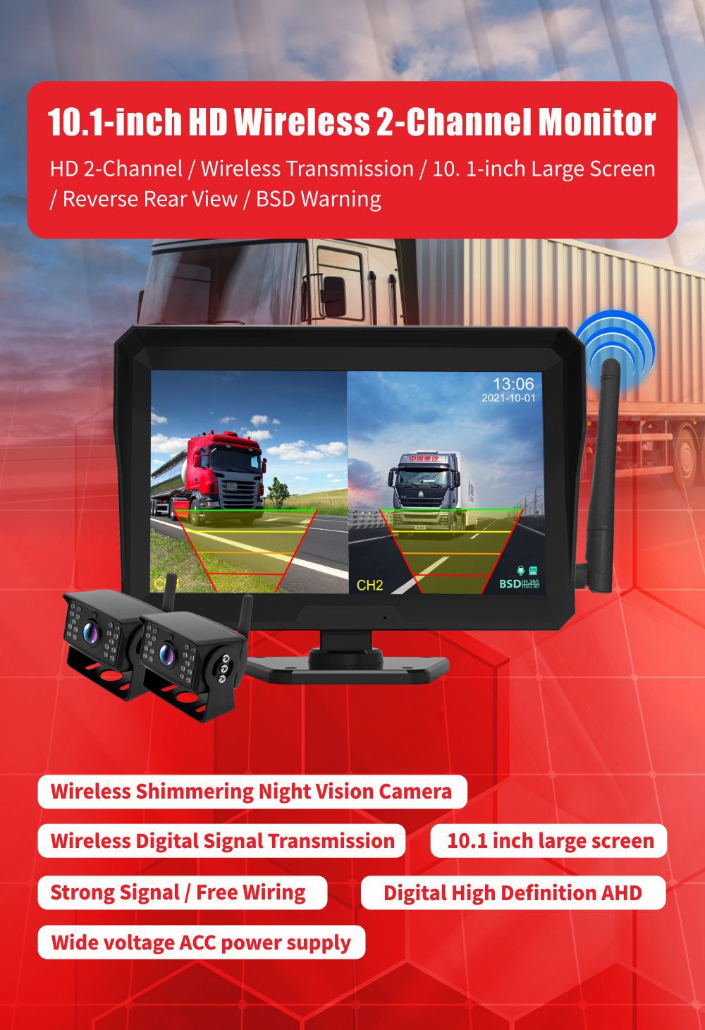 Wireless Car Monitor Backup Camera HD Night Vision Dual Recording