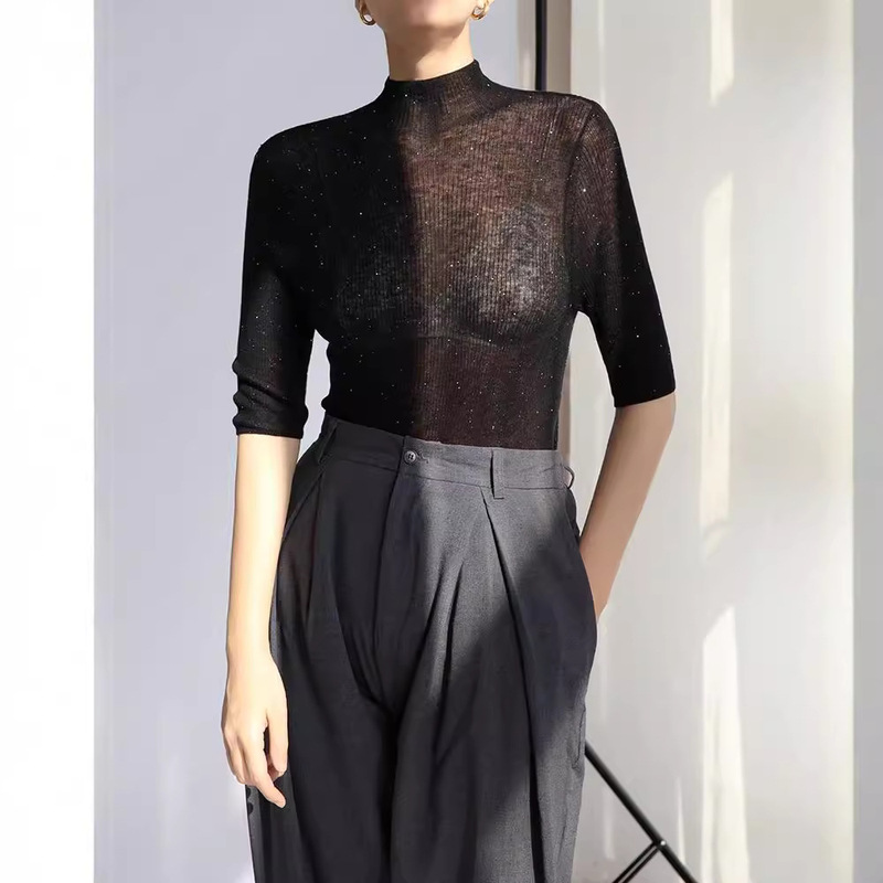 Summer and Autumn High Branch Upgraded Fluffy Fine Perspective Water Soluble Wool Super Elastic Stretch Black Semi-High Neck Base Knitwear