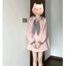 爱依轩兔耳朵粉色连帽毛呢外套女秋冬高级感甜美气质双面呢子大衣