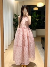 无袖宽松仙女长裙宽松雾纱萦梦少女梦幻粉色碎花欧根纱背心连衣裙