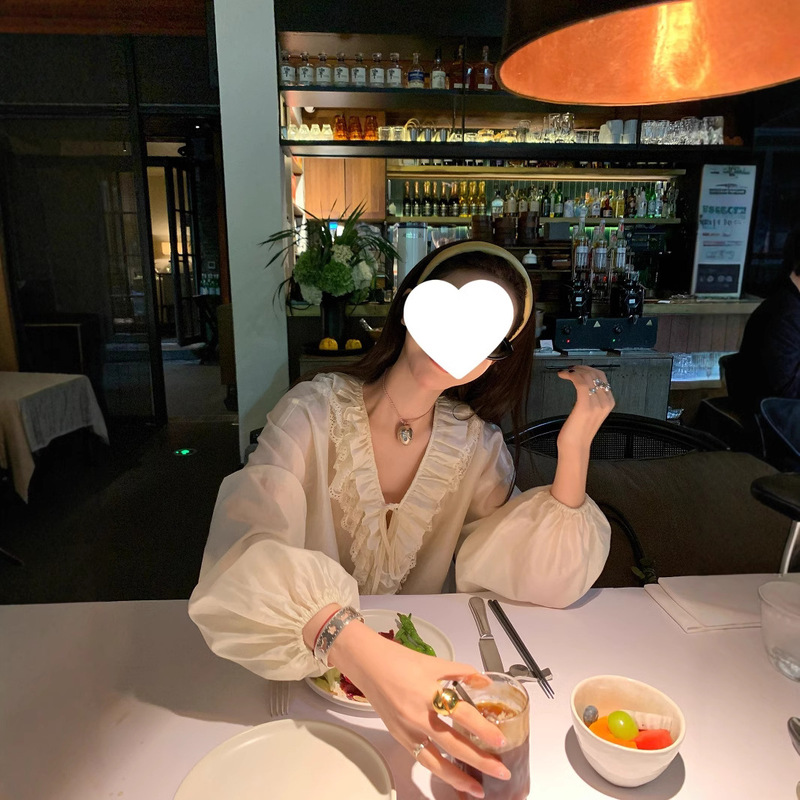 Beautiful Light Butterfly Language Multi-Layered Lace Ruffled Elegant Strappy Lantern Sleeve Shirt