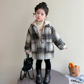 女童呢子大衣2025秋冬季新款洋气儿童中长款格子连帽夹棉加厚外套
