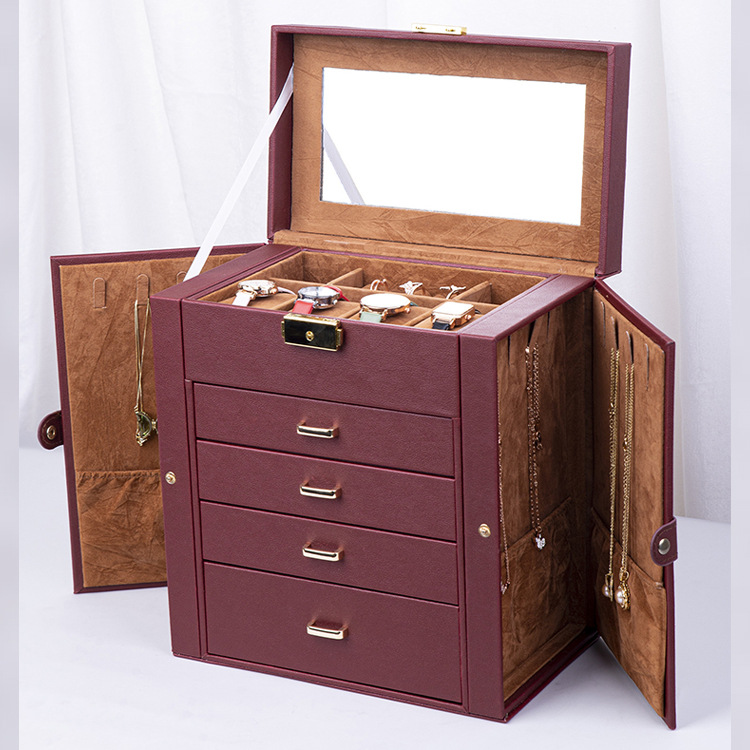 5层多功能戒指耳环项链首饰盒双开饰品盒珠宝手提箱PU抽礼盒