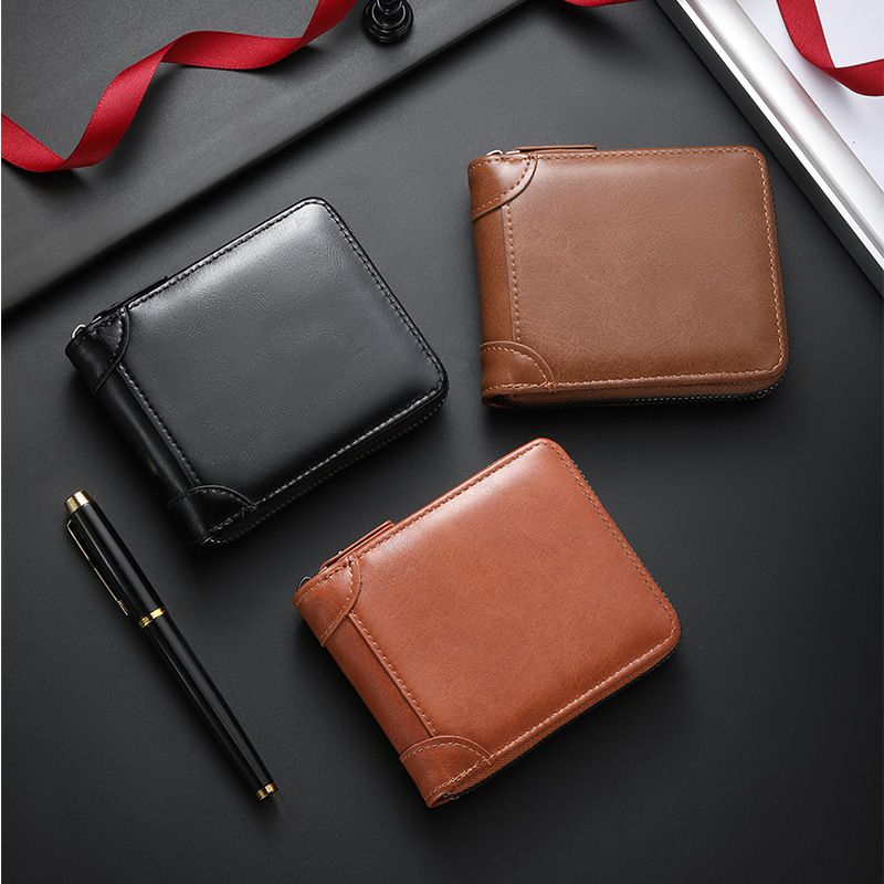 Cross-Border Short Men's Wallet with Multiple Card Slots Pu Leather Wallet Coin Purse Retro Business Multifunctional Zipper Men's Wallet