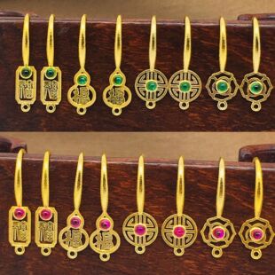 18K Gold Accessories, Ancient Gold Inlaid with Red Gemstones, Short Vintage Style Empty Hook Earrings, DIY Jewelry Accessories
