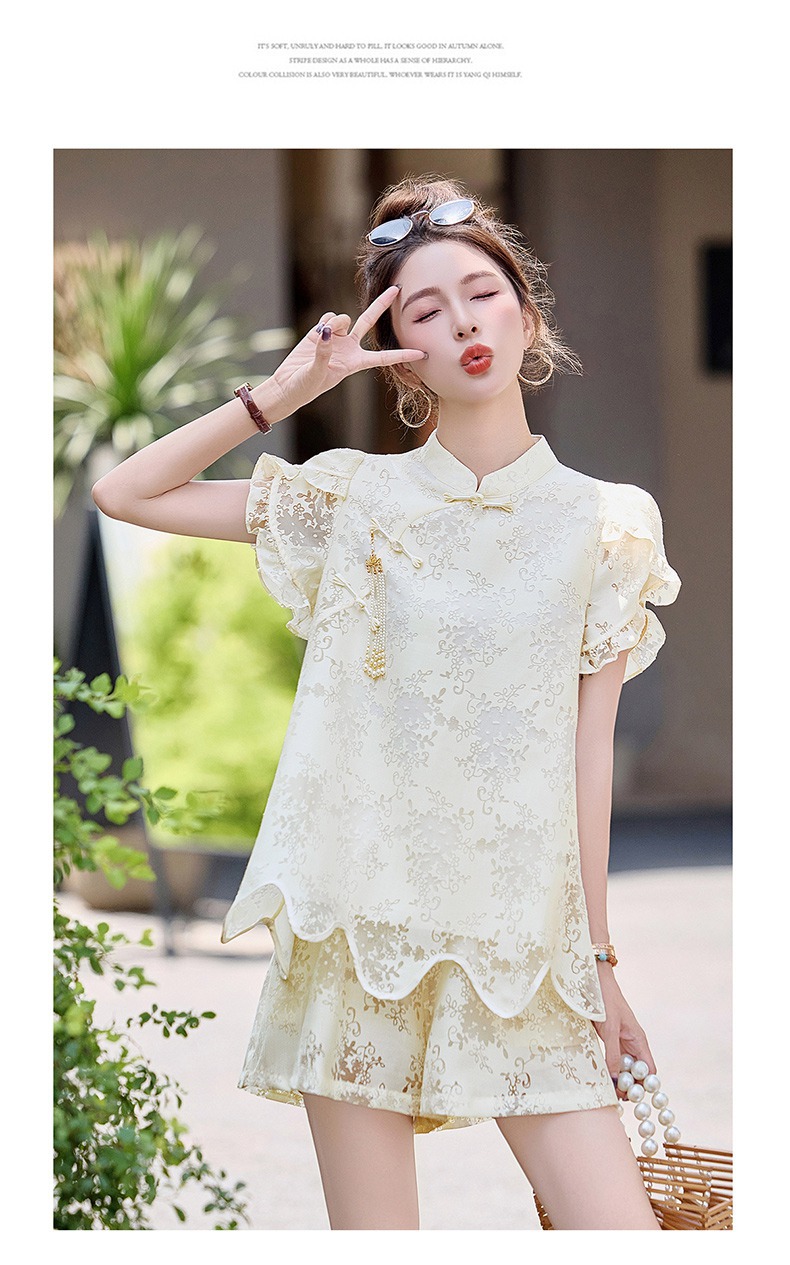 Bộ đồ ren kiểu Trung Quốc mới mùa hè 2025, áo ngắn khóa cài retro hai mảnh — màu xanh lá cây, mơ chi tiết 18