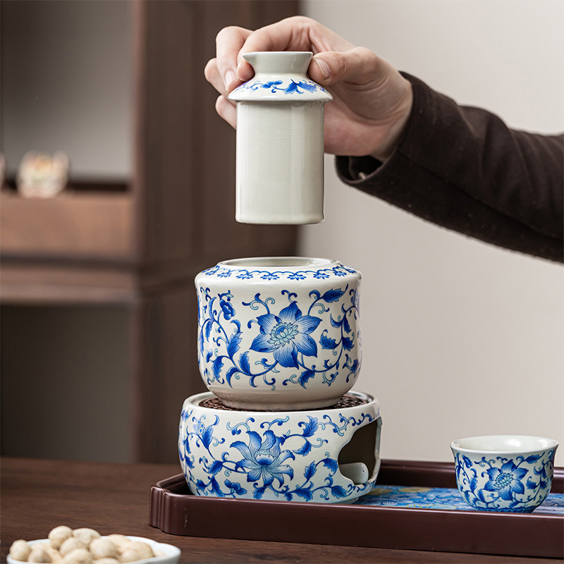 Blue and White Ceramic Wine Warmer Set, Traditional Style Home-Use Wine Heater, Candle Heating Wine Warmer, Integrated Wine Dispenser and Pourer